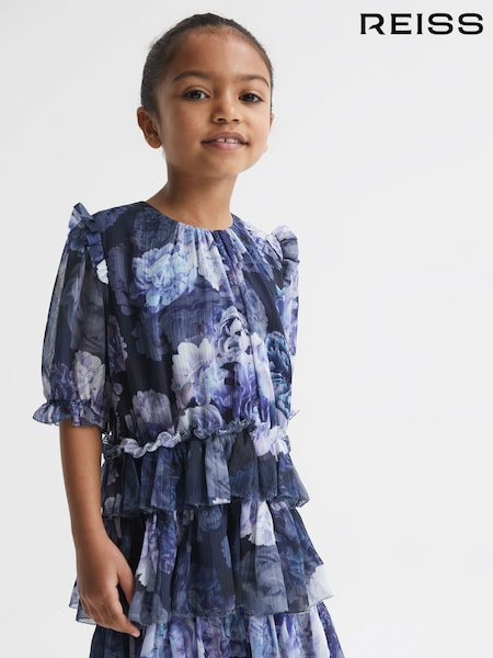 Reiss Blue Print Henrietta 9-12 yrs Printed Tiered Dress (D54769) | €90