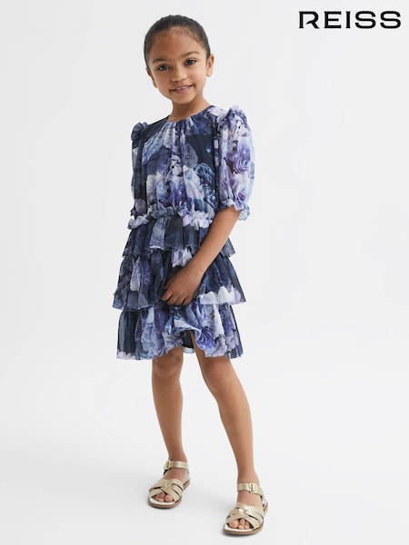 Reiss Blue Print Henrietta 4-9 yrs Printed Tiered Dress (D54771) | €85