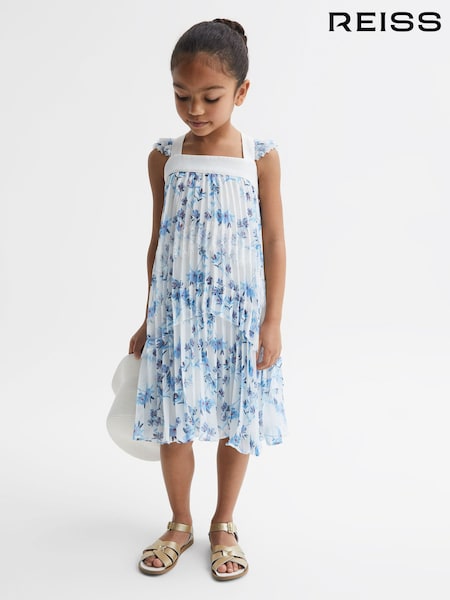 Reiss Blue Print Aster Floral Printed Pleated Dress (D54783) | $142