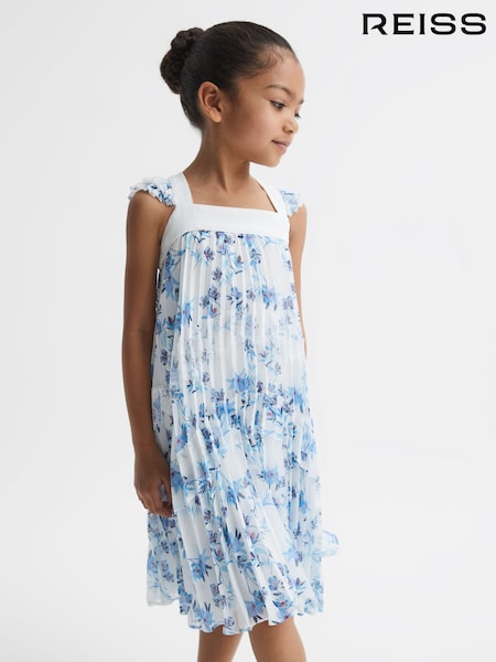 Reiss Blue Print Aster Floral Printed Pleated Dress (D54784) | $135