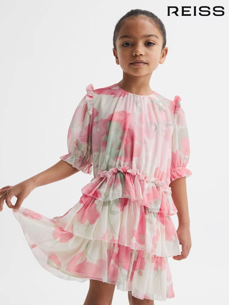 Reiss Pink Print Henrietta 9-12 yrs Printed Tiered Dress (D54785) | kr1 283