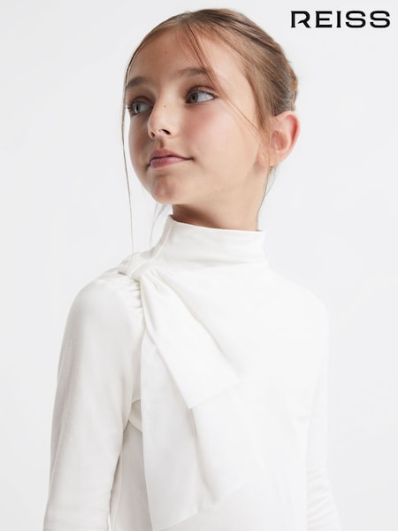 Reiss Ivory Bessie Senior Cotton Bow Funnel Neck T-Shirt (D55131) | €69