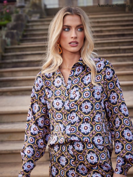 Another Sunday Long Sleeved Satin Oversized Shirt In Multi Print (D56709) | €17