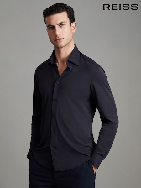 Reiss Navy Voyager Regular Fit Button-Through Travel Shirt (D56877) | €186