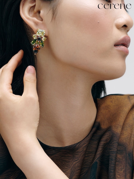 Green And Mocha Gold Tone - Cerene Statement Crystal Drop Earrings