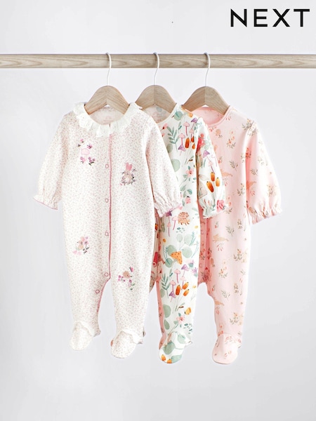 Pink Bunny Floral Baby Character Sleepsuits 3 Pack (0-3yrs) (D57071) | OMR7