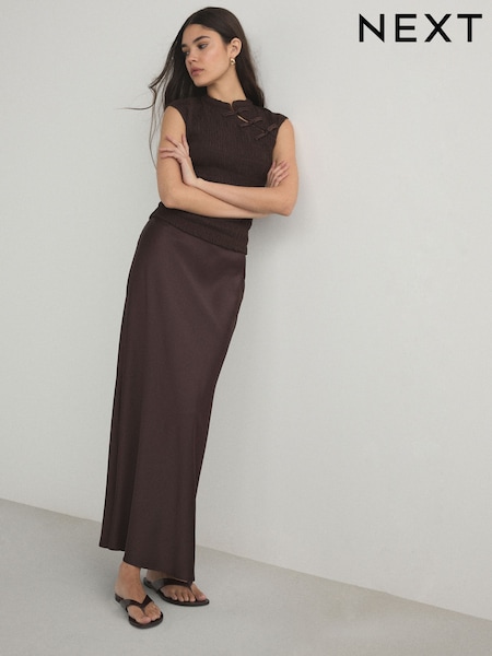 Chocolate Brown - Satin Midi Skirt