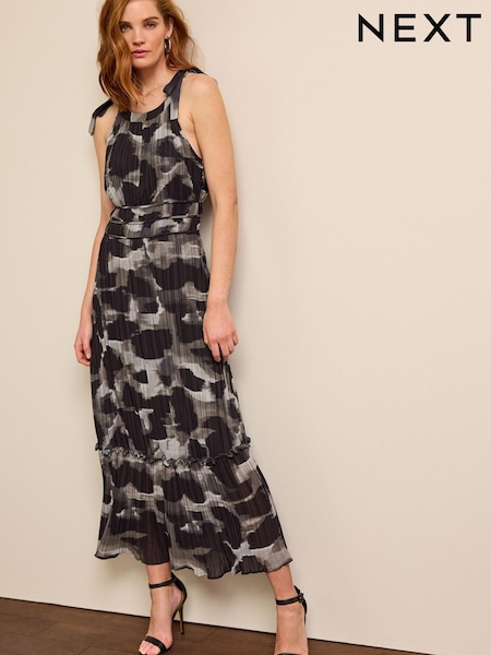 Black and Grey Abstract Animal Print Sleeveless Tie Shoulder Pleated Maxi Dress (D57356) | €25