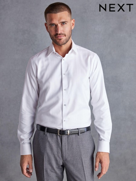White 100% Cotton Herringbone Signature Trimmed Single Cuff Shirt (D57450) | 104 QAR