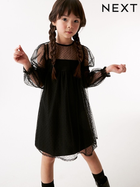 Black Shirred Mesh Dress (3-16yrs) (D58176) | €11.50 - €14