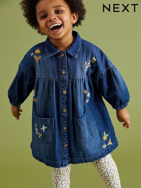 Blue Denim Floral Embroidered Dress And Leggings Set (3mths-7yrs) (D58235) | €18 - €21