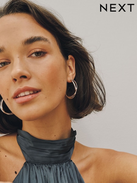 Silver Tone - Cross Over Hoop Earrings