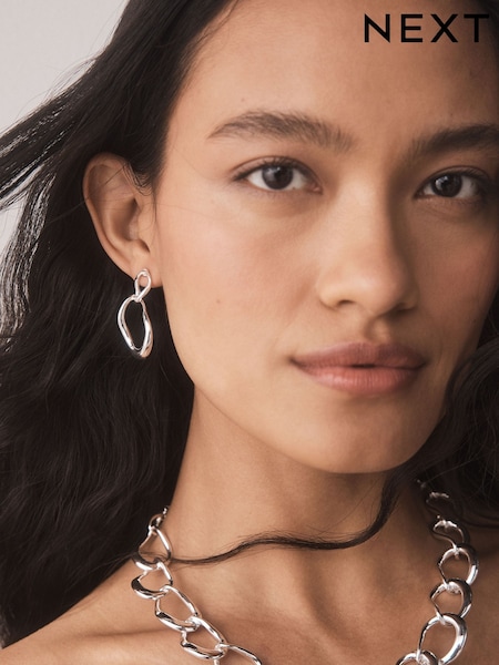 Silver Tone - Open Link Drop Earrings