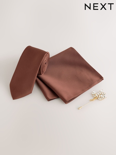 Brown - Regular Tie Pocket Square And Pin Set