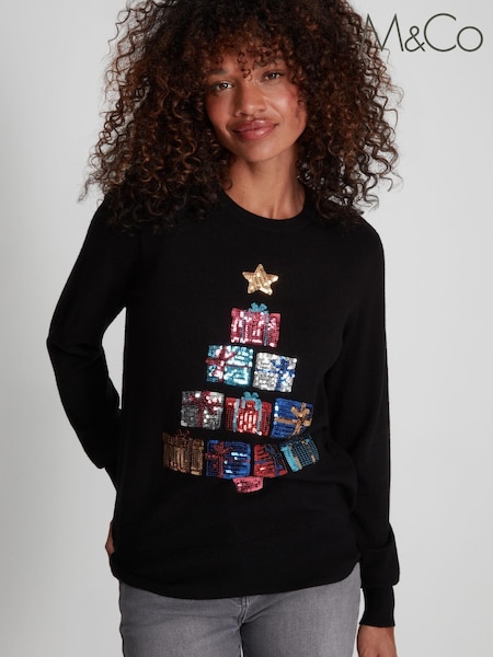 M&Co Black Christmas Sequin Presents Jumper (D60864) | €17.50