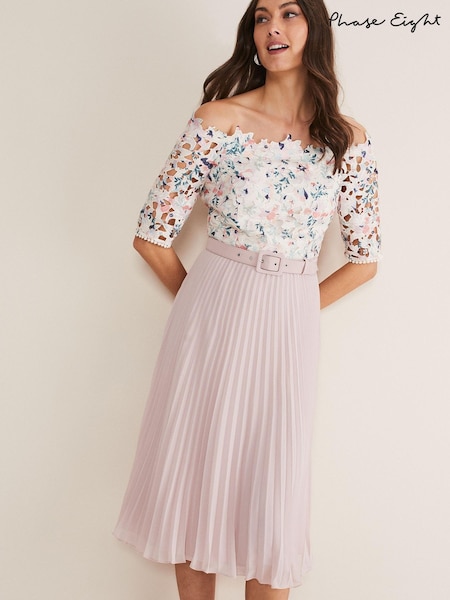 Phase Eight Cream Franky Lace Bardot Pleat Skirt Dress (D61087) | €51