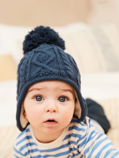 Navy Blue Knitted Baby Trapper Pom Hat (0mths-2yrs) (D61168) | €5