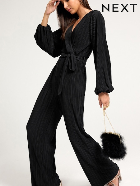 Черный - Long Sleeve Plissé Jumpsuit (D62838) | €18