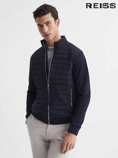 Reiss Navy Flintoff Hybrid Quilt and Knit Zip-Through Jacket (D62919) | €140