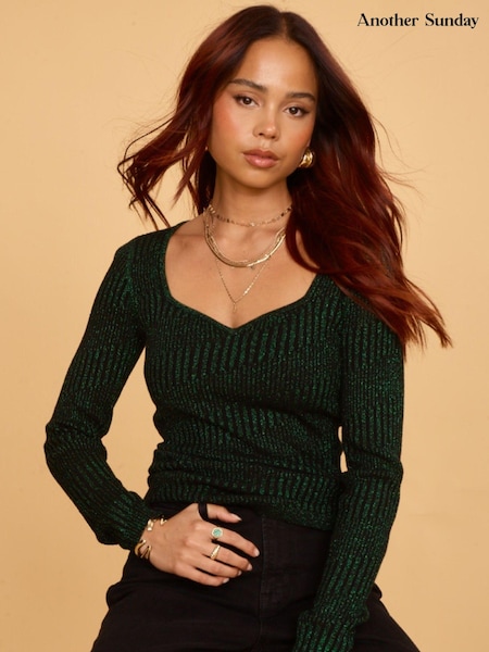 Another Sunday Knitted Metallic Long Sleeved Top With Sweetheart Neckline In Green (D63008) | €20