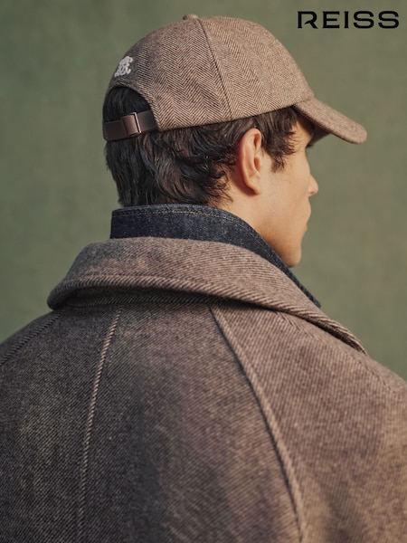Brown - Regular Reiss Prim Monogram Wool-blend Herringbone Baseball Cap