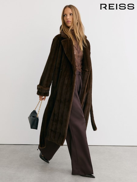 Šokoladinis rudas - Reiss Cate Faux-fur Double-breasted Long Coat