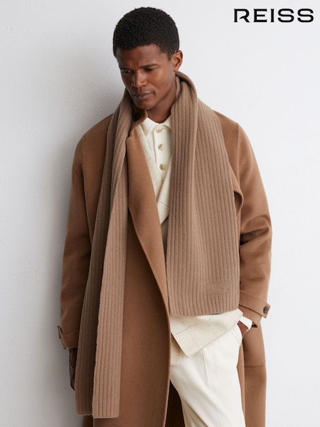 Camel - Regular Reiss Hollis Merino Wool Wide-rib Knitted Scarf