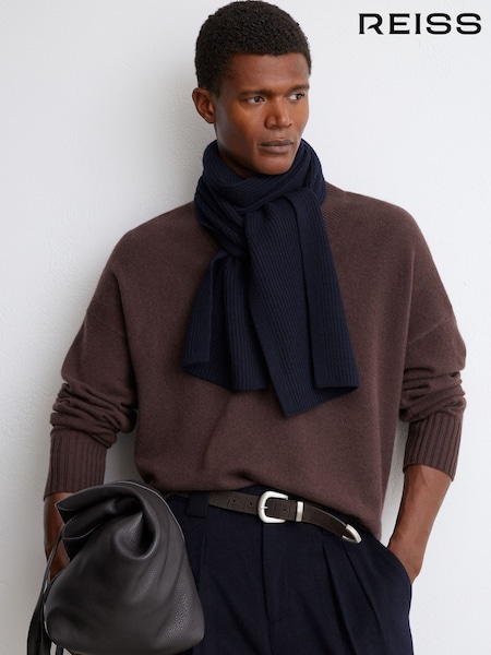 Navy - Regular Reiss Chesterfield Merino Wool Rib-knit Scarf
