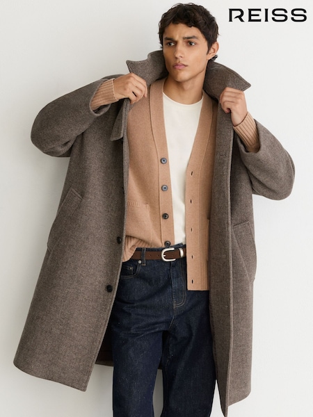 Brown - Regular Reiss Barrie Monogram Wool-blend Twill Relaxed Raglan Overcoat