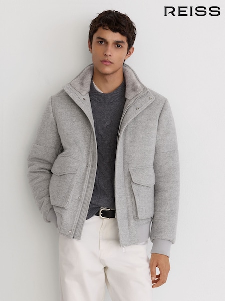 Soft Grey Herringbone - Regular Reiss Fasten Wool-blend Faux Fur-collar Quilted Jacket