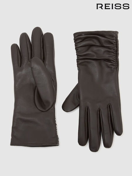 Chocolate - Reiss Ginny Leather Ruched Gloves