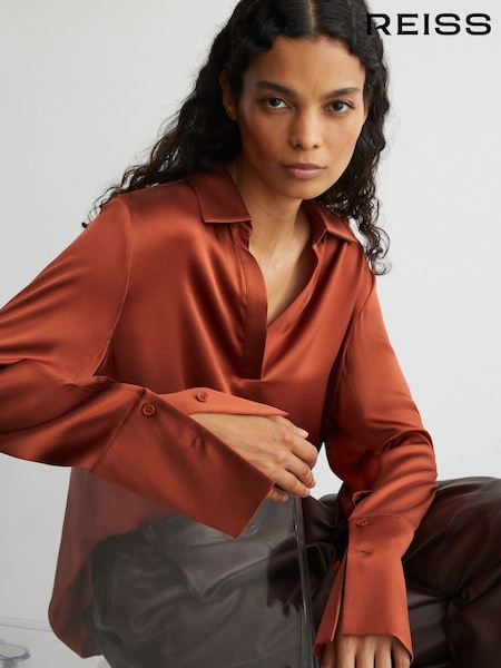 Rust Orange - Reiss Marina Silk Open-collar Blouse
