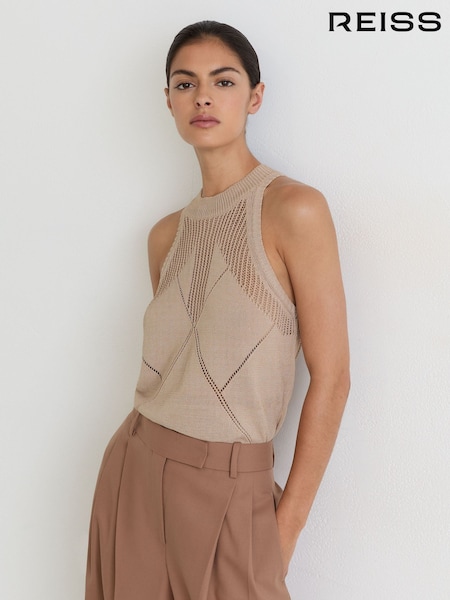 Neutral - Reiss Maya Cotton-blend Argyle Open-knit Vest
