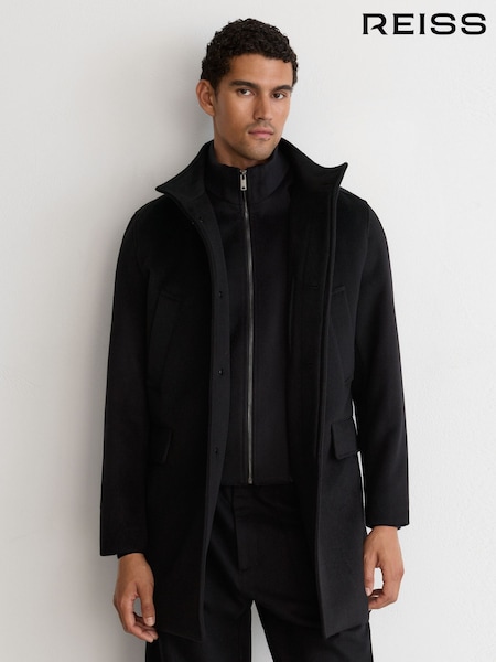 Black - Regular Reiss Fossil Wool-blend Gilet-insert Single-breasted Coat