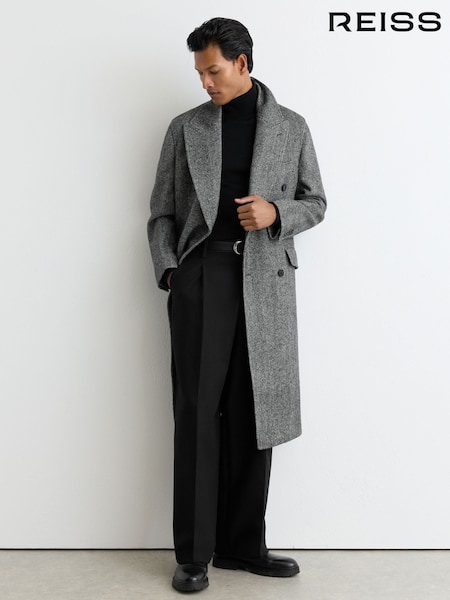 Black - Regular Reiss Ives Wool Herringbone Double-breasted Overcoat