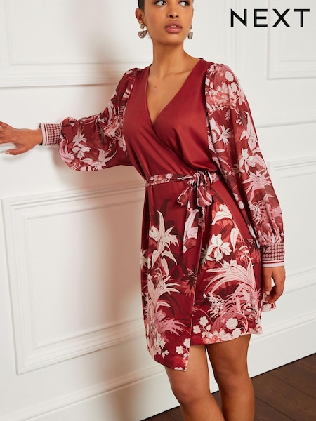 Rdeča s tropskim potiskom - Sheer Long Sleeve Mini Wrap Dress (D63470) | € 31