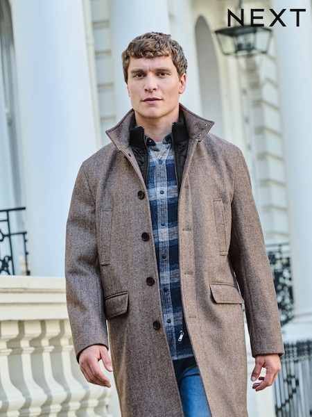 Cream Wool Blend Mock Gilet Herringbone Padded Coat (D63507) | R$ 950