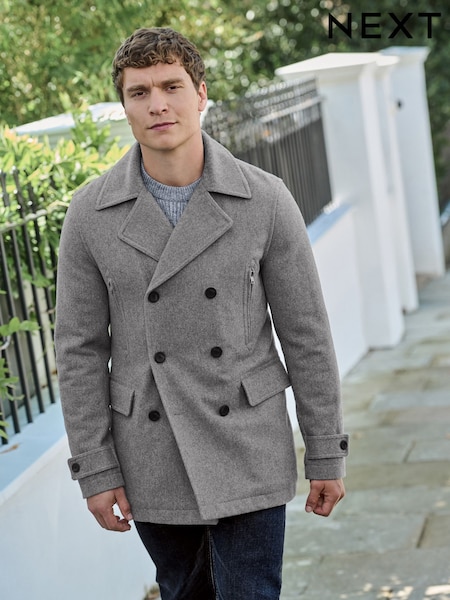 Light Grey Wool Rich Double Breasted Peacoat (D63508) | €25