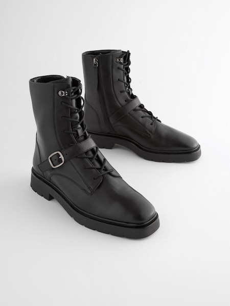 Black Forever Comfort® Lace Up Strap Detail Ankle Boots (D63904) | 77 QAR