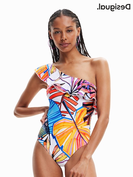 Desigual Tropical Asymmetric One Shoulder White Swimsuit (D64001) | €64
