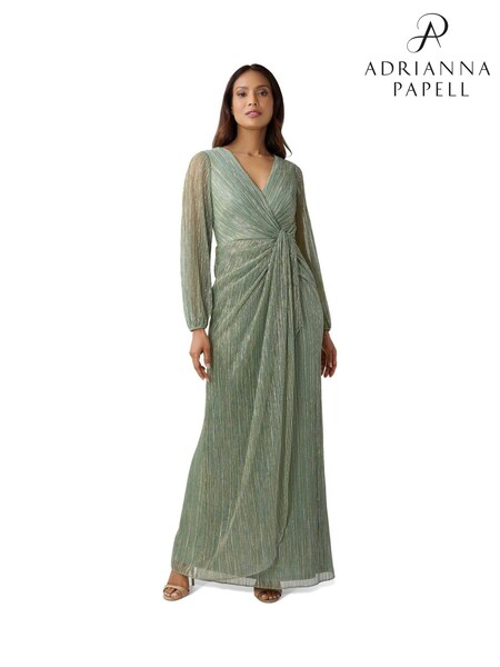 Adrianna Papell Green Metallic Mesh Draped Gown (D64016) | €392