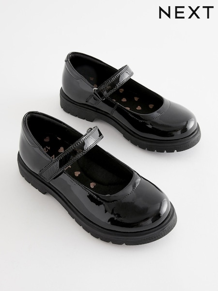 Black Patent Wide Fit (G) School Leather Chunky Mary Jane Shoes (D64663) | AED168 - AED203