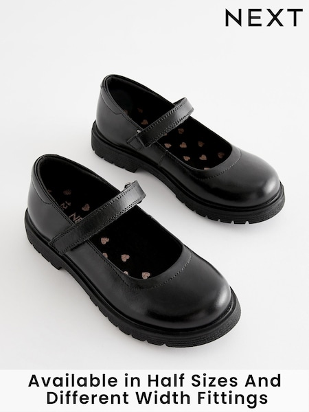 Matt Black Wide Fit (G) School Leather Chunky Mary Jane Shoes (D64665) | €41 - €50