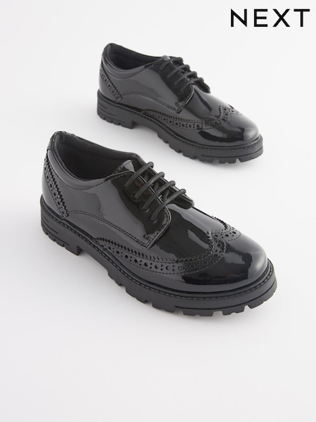 Black Patent Standard Fit (F) School Leather Chunky Lace-Up Brogues (D65037) | €54 - €65