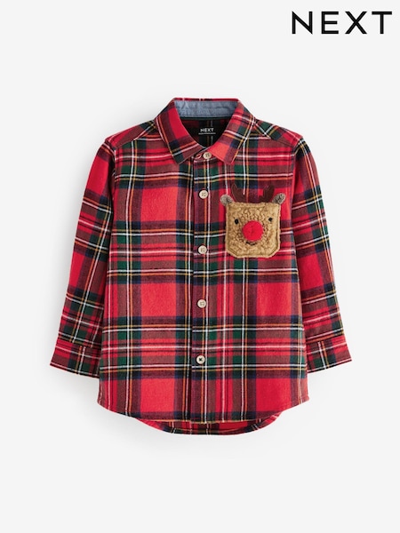 Red with Christmas Reindeer Pocket Long Sleeve Check Shirt (3mths-7yrs) (D65099) | €7 - €8