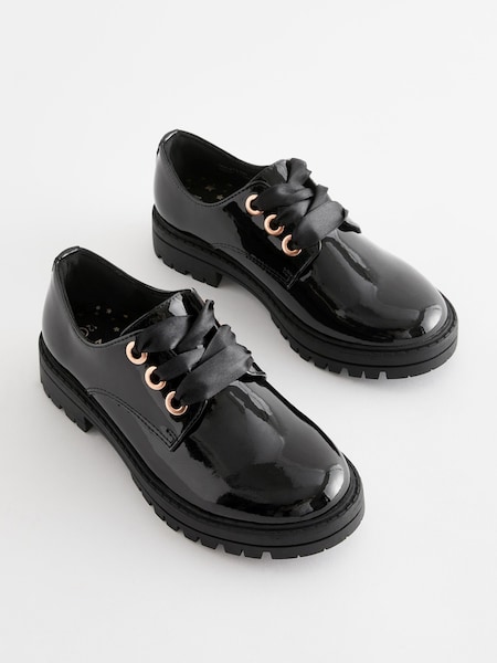 Black Patent Wide Fit (G) School Rose Gold Eyelet Lace Up Shoes (D65274) | €7 - €10