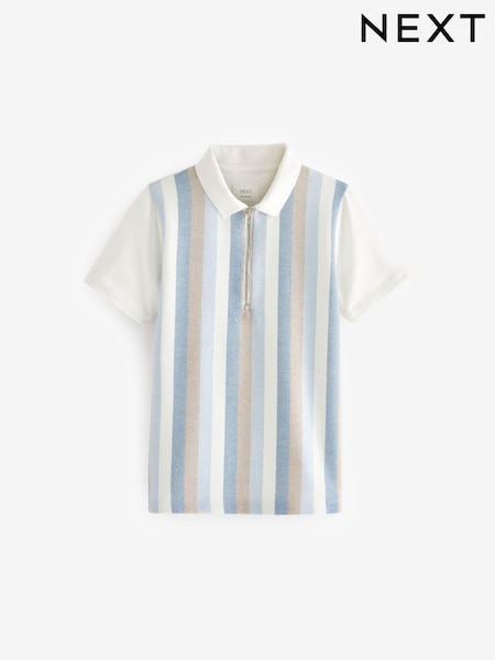 White/Blue Vertical Stripe Short Sleeve Zip Neck Polo Shirt (3-16yrs) (D65708) | €8 - €11