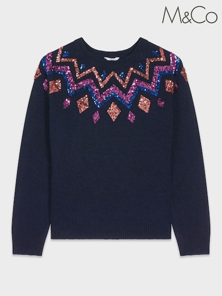 M&Co Petite Blue Sequin Fairisle Pattern Jumper (D65777) | €21.50