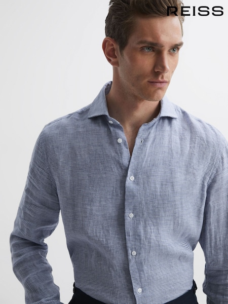 Reiss Blue/White Ruban Linen Button-Through Shirt (D65863) | 809 QAR