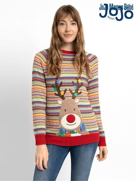 JoJo Maman Bébé Multi Womens Reindeer Appliqué Fair Isle Pattern Jumper (D66878) | €63